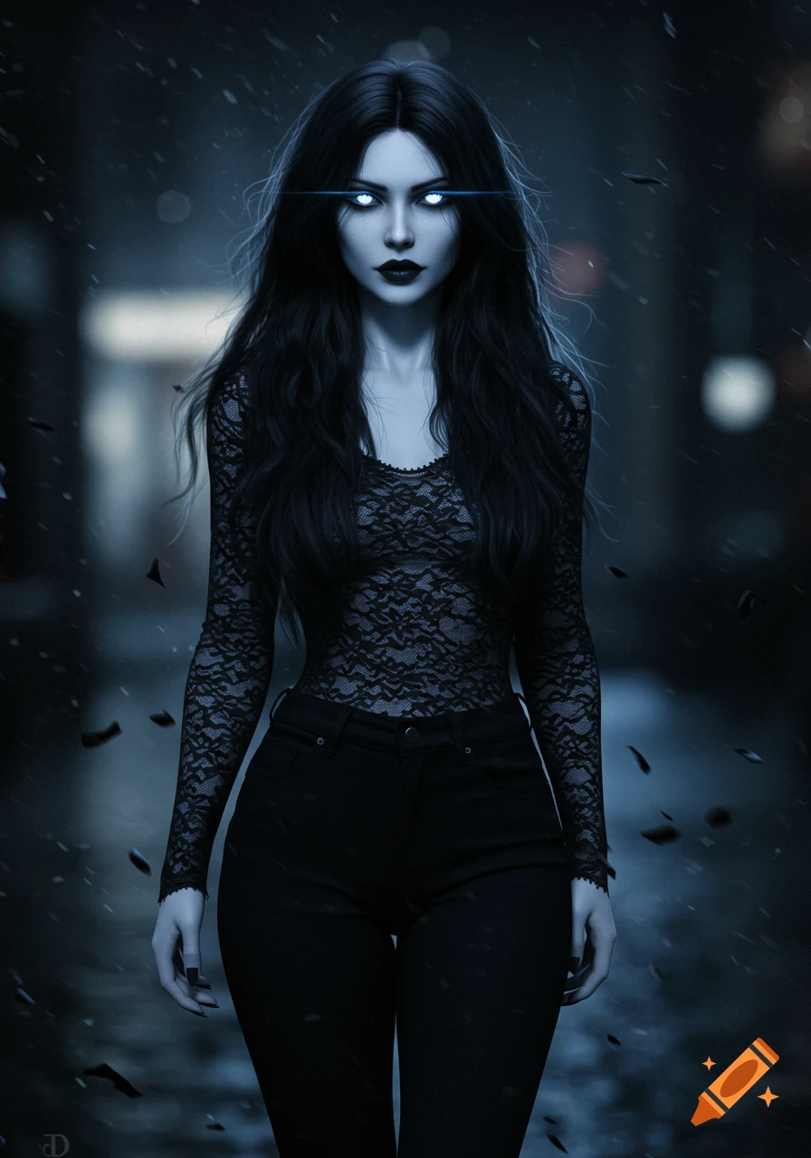 A pale woman with long dark hair and glowing ice-blue eyes stands in the rain, wearing a black lace top and jeans. Dark, ominous atmosphere.