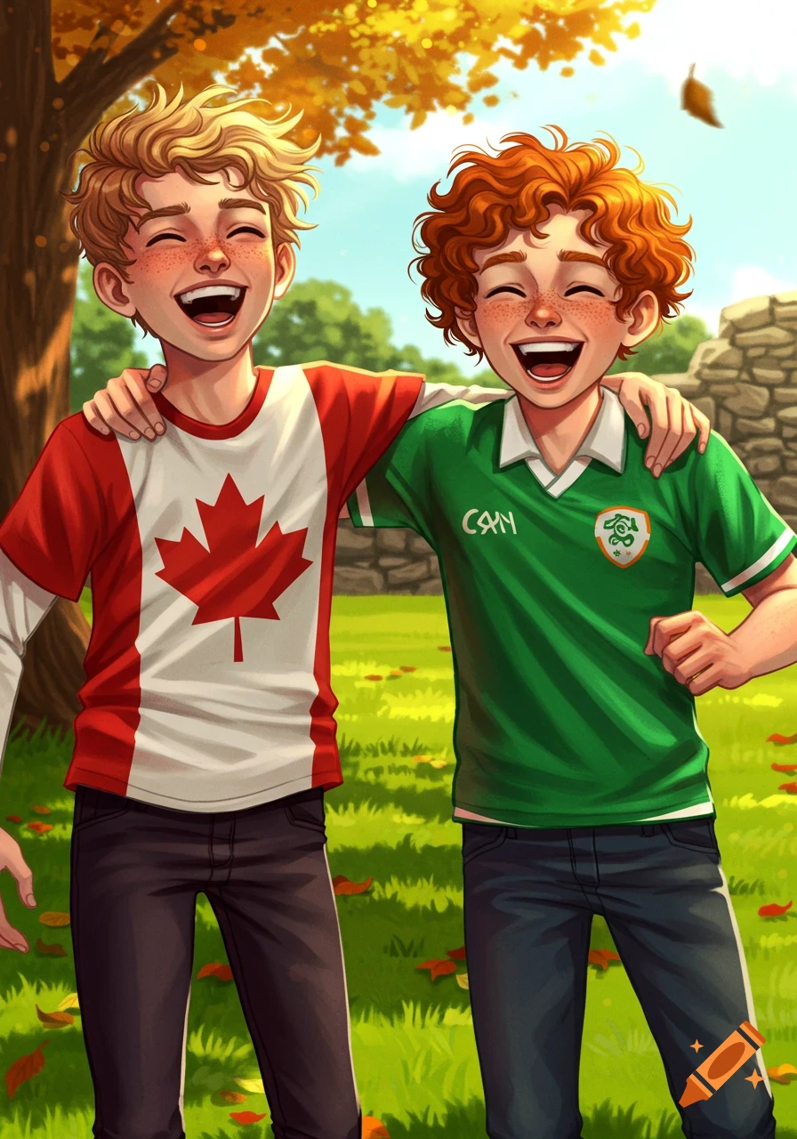 Cartoon image of two happy, laughing boys, one in a Canadian flag shirt and one in an Irish green shirt, embracing in an autumn park.