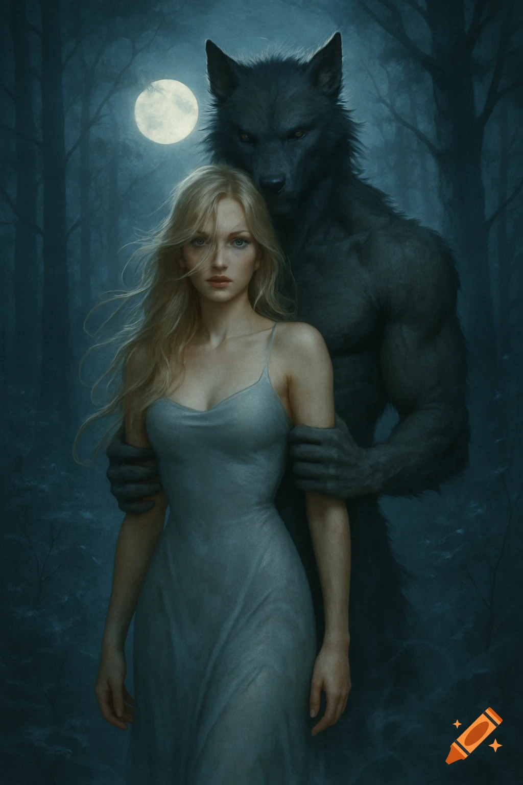 A blonde woman in a light dress is held by a muscular werewolf in a dark, moonlit forest, a dramatic dark fantasy illustration.