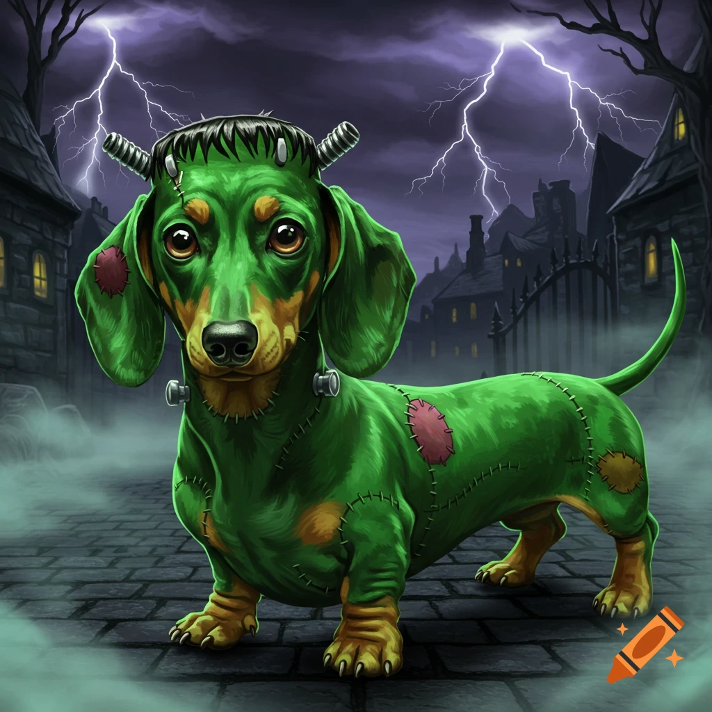 A green dachshund dressed as Frankenstein's monster with stitches and bolts on a misty street with lightning, digital art.
