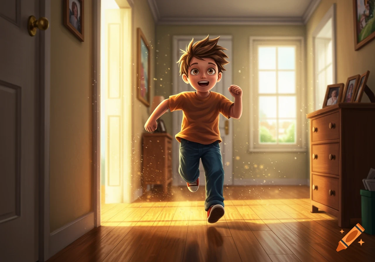 A happy cartoon boy with spiky brown hair runs excitedly on a wooden floor in a sunlit hallway.
