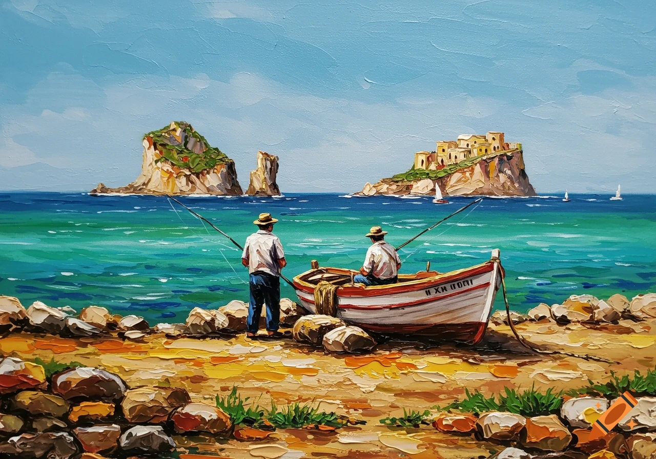 Textured painting of two fishermen on a rocky shore next to a boat, with islands and a town in the turquoise sea under a clear blue sky.