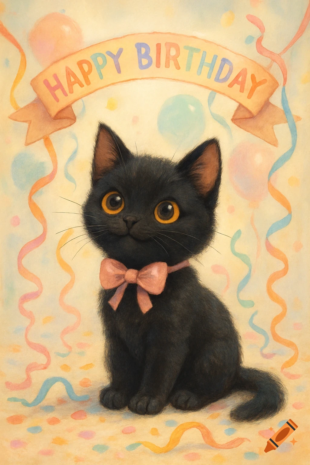 Cute illustrated black cat with big orange eyes and a pink bow sitting, with 'HAPPY BIRTHDAY' banner, balloons, and confetti.