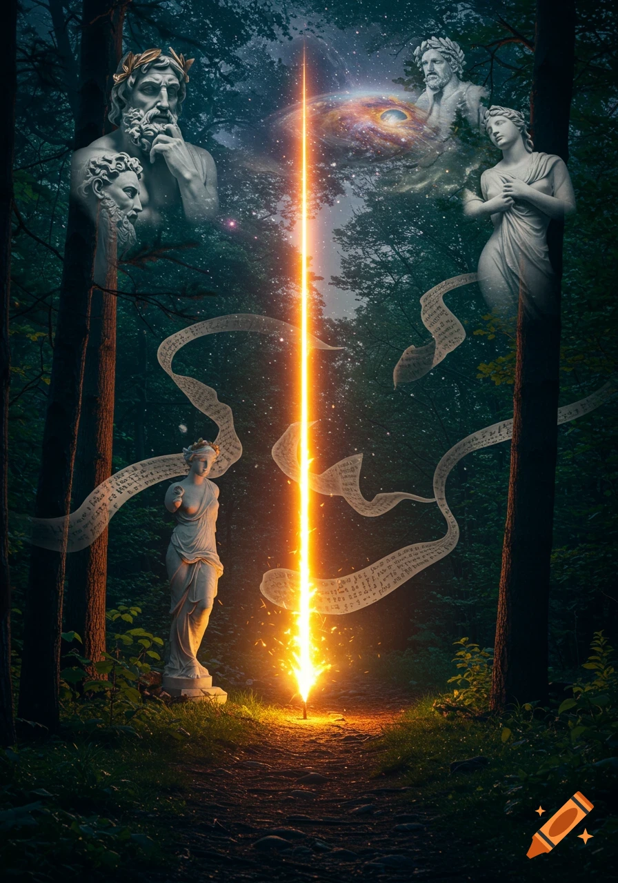 Classical statues of gods and goddesses in a mystical forest with a glowing light beam, floating scrolls, and a galaxy in the sky.