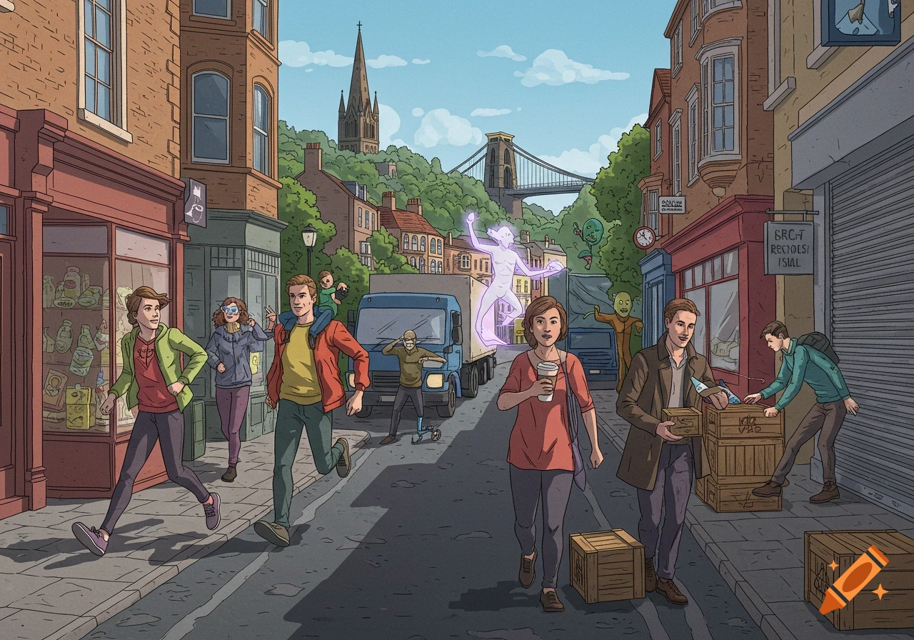 A bustling street scene in Bristol with people using superpowers, like super speed, telekinesis, and additional limbs, against a backdrop of historic buildings and a bridge.