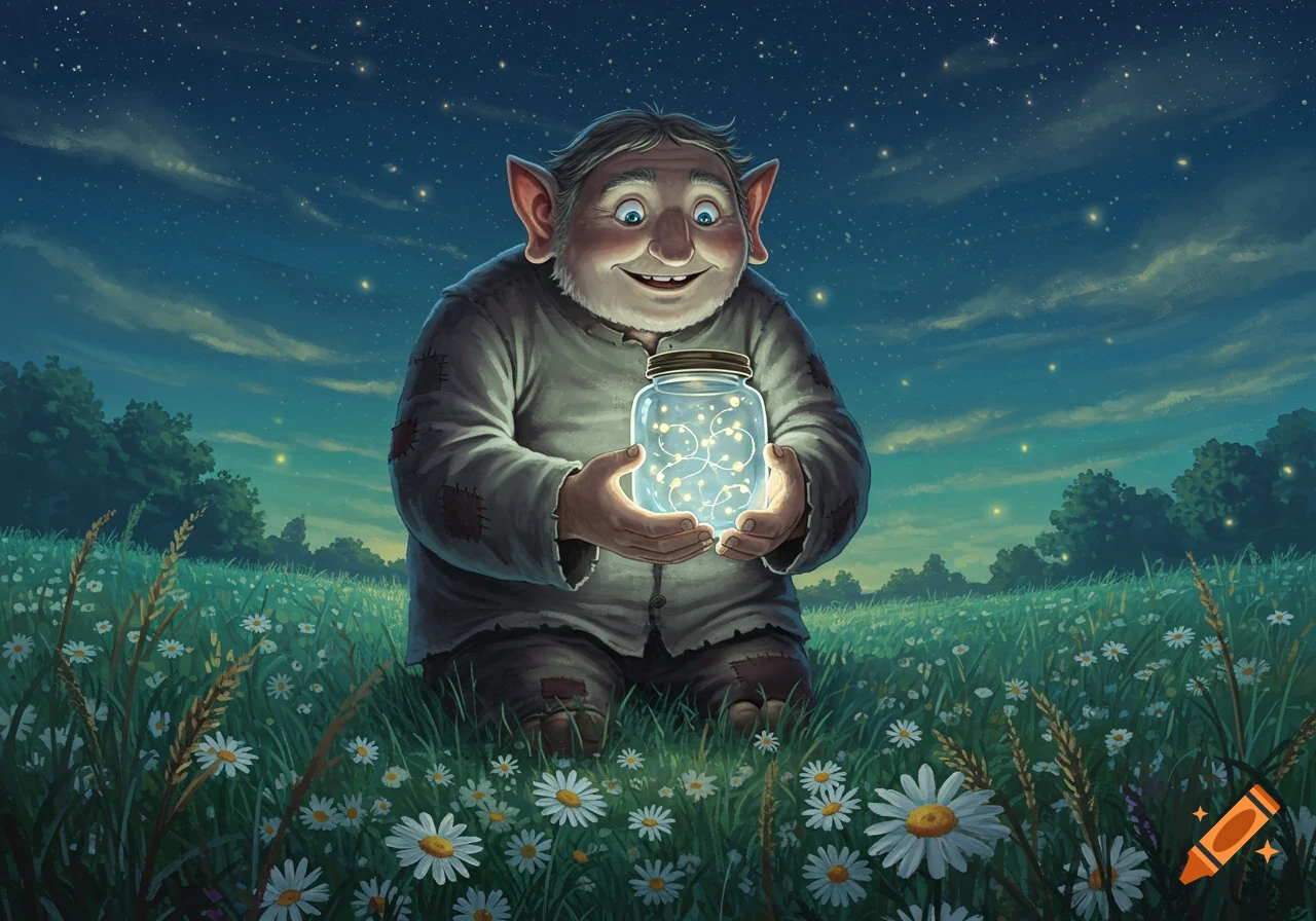 A friendly, smiling, grey-haired giant with large ears sits in a field of daisies under a starry night, holding a jar of glowing fireflies.