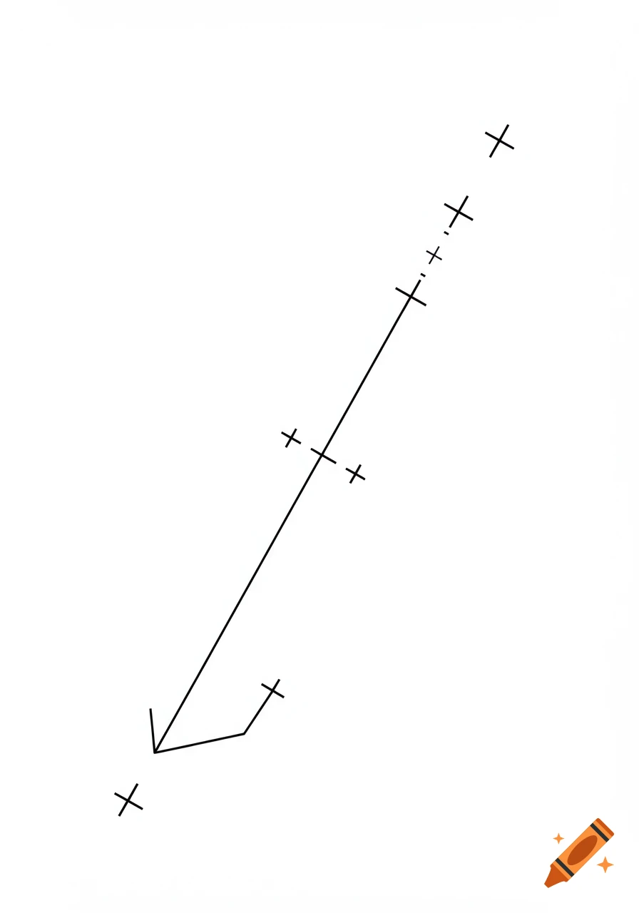 A diagram showing accelerated rectilinear motion with an arrow and black crosses marking points along a diagonal line.