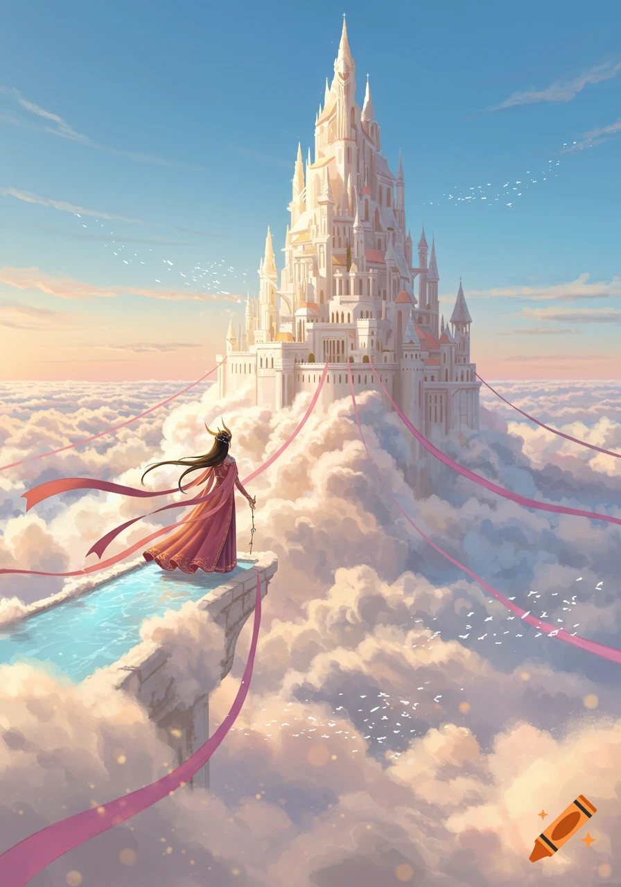 A lone figure in a flowing red dress stands on a sky-bridge, gazing at a majestic white castle floating among clouds at sunset. Digital art.