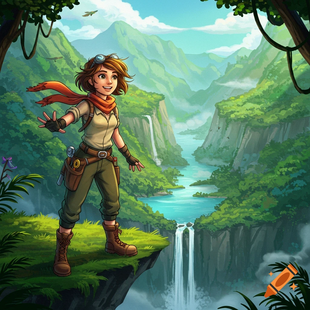 Smiling cartoon female explorer on a cliff in a lush jungle valley with waterfalls and a river.