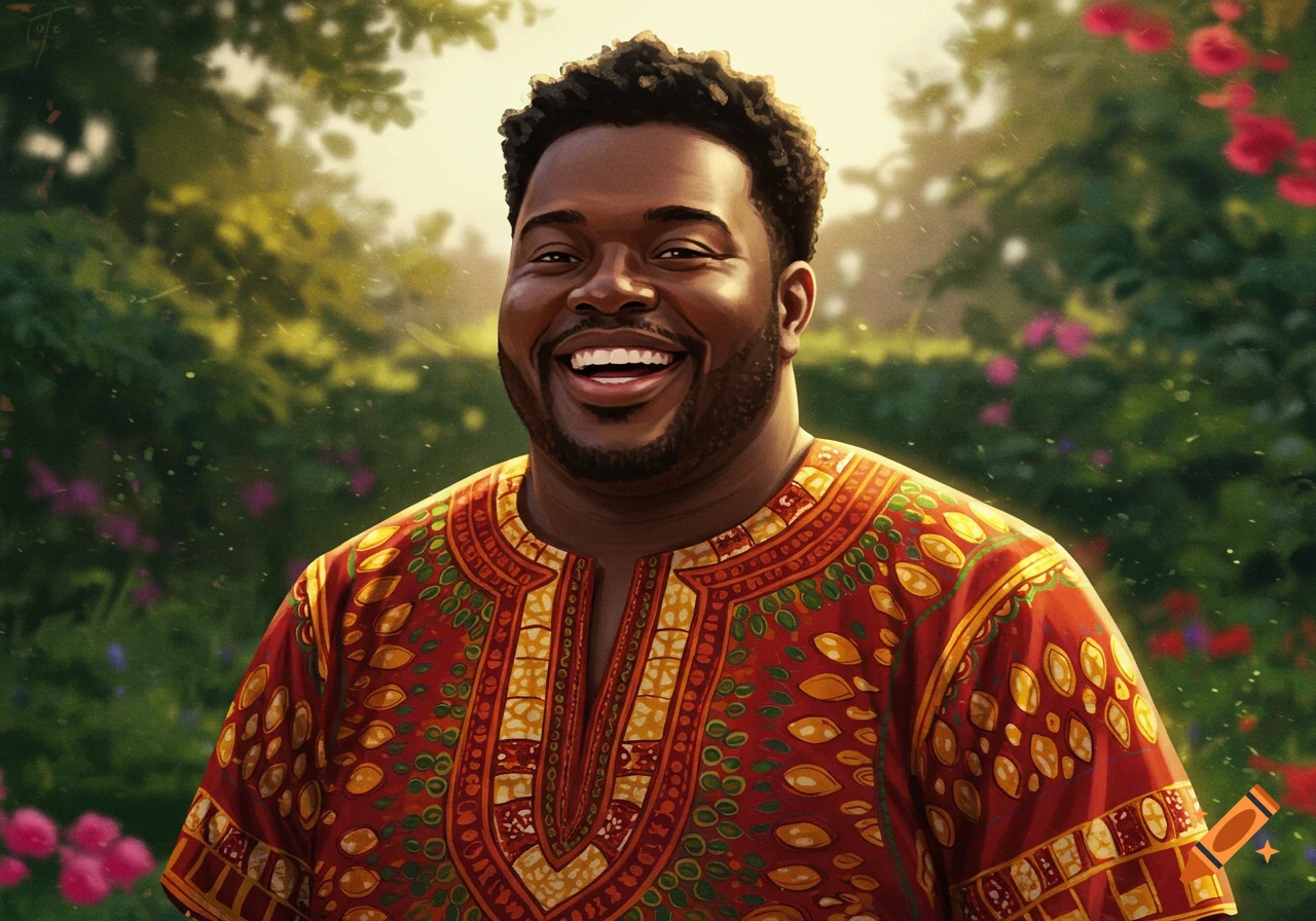 Smiling Black man in a colorful patterned shirt stands in a lush garden, painted style.