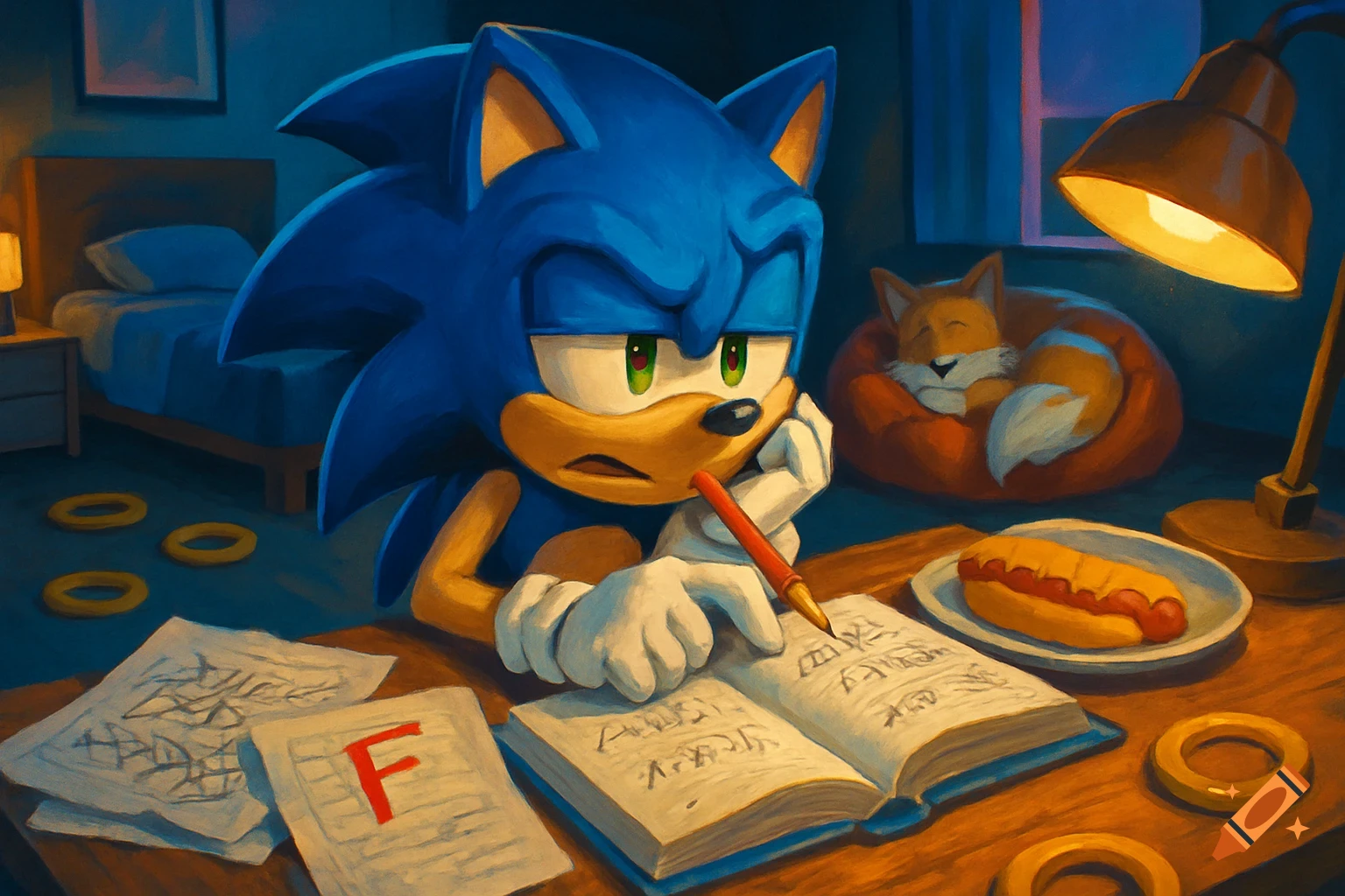 Sonic the Hedgehog, frustrated with homework, chews on a red pencil at a desk. A paper with a red 'F' lies next to a textbook with garbled text. Tails sleeps on a beanbag in the background.