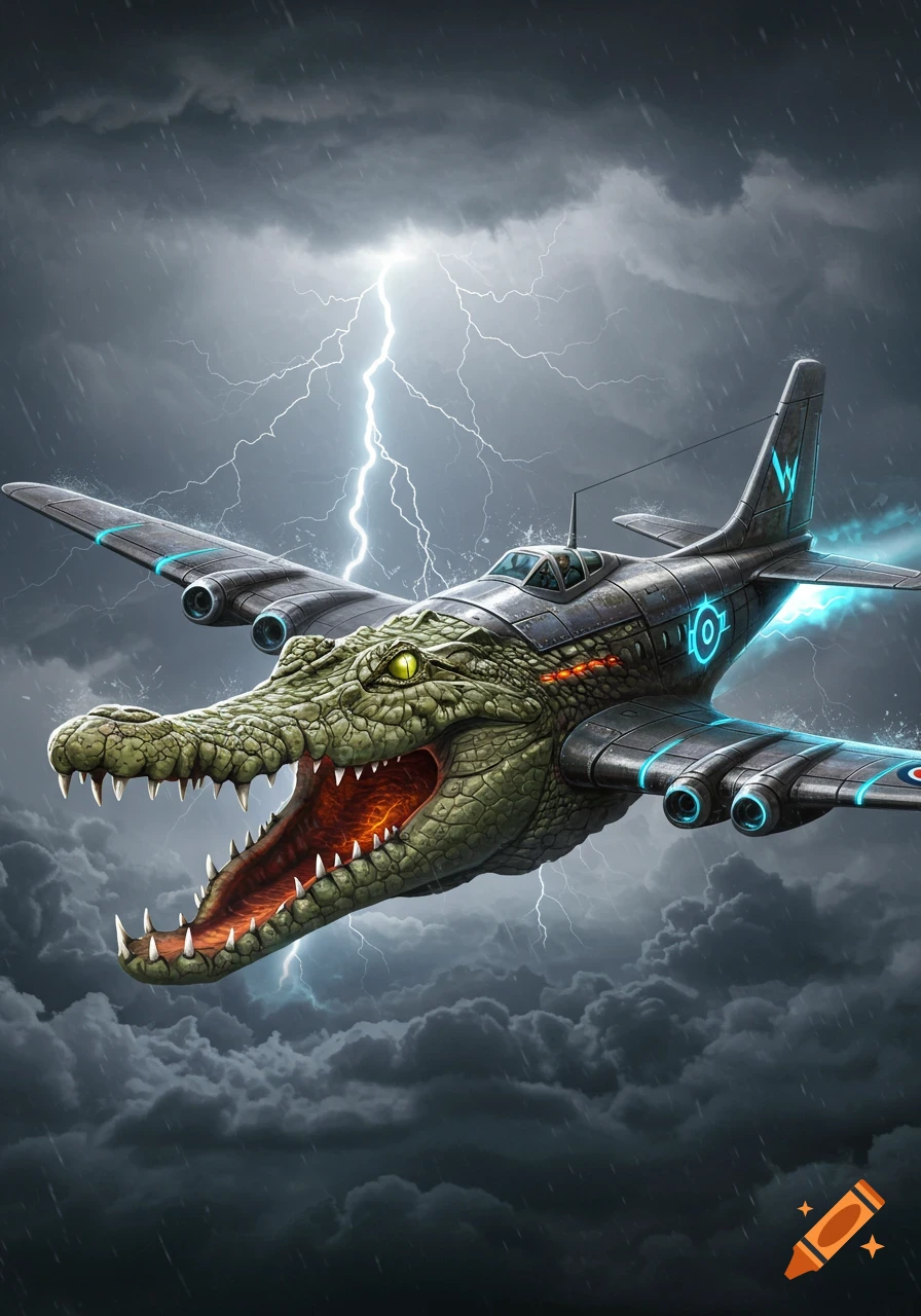 A fantasy bomber plane with a crocodile head flies menacingly through a dark, stormy sky with lightning.