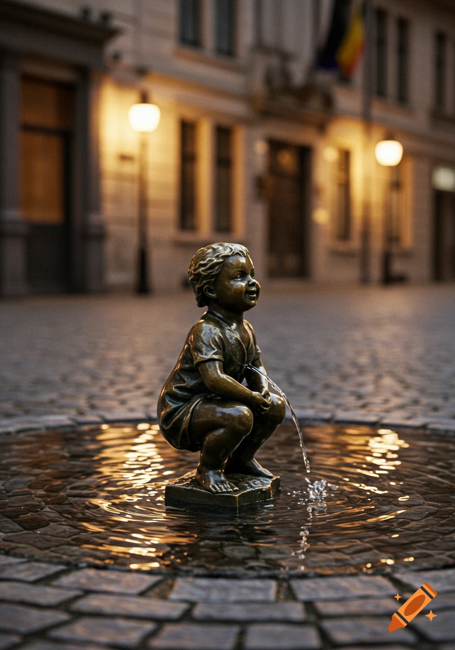 Bronze statue of Jeanneke Pis, a child urinating into a fountain on a wet cobblestone street at night.