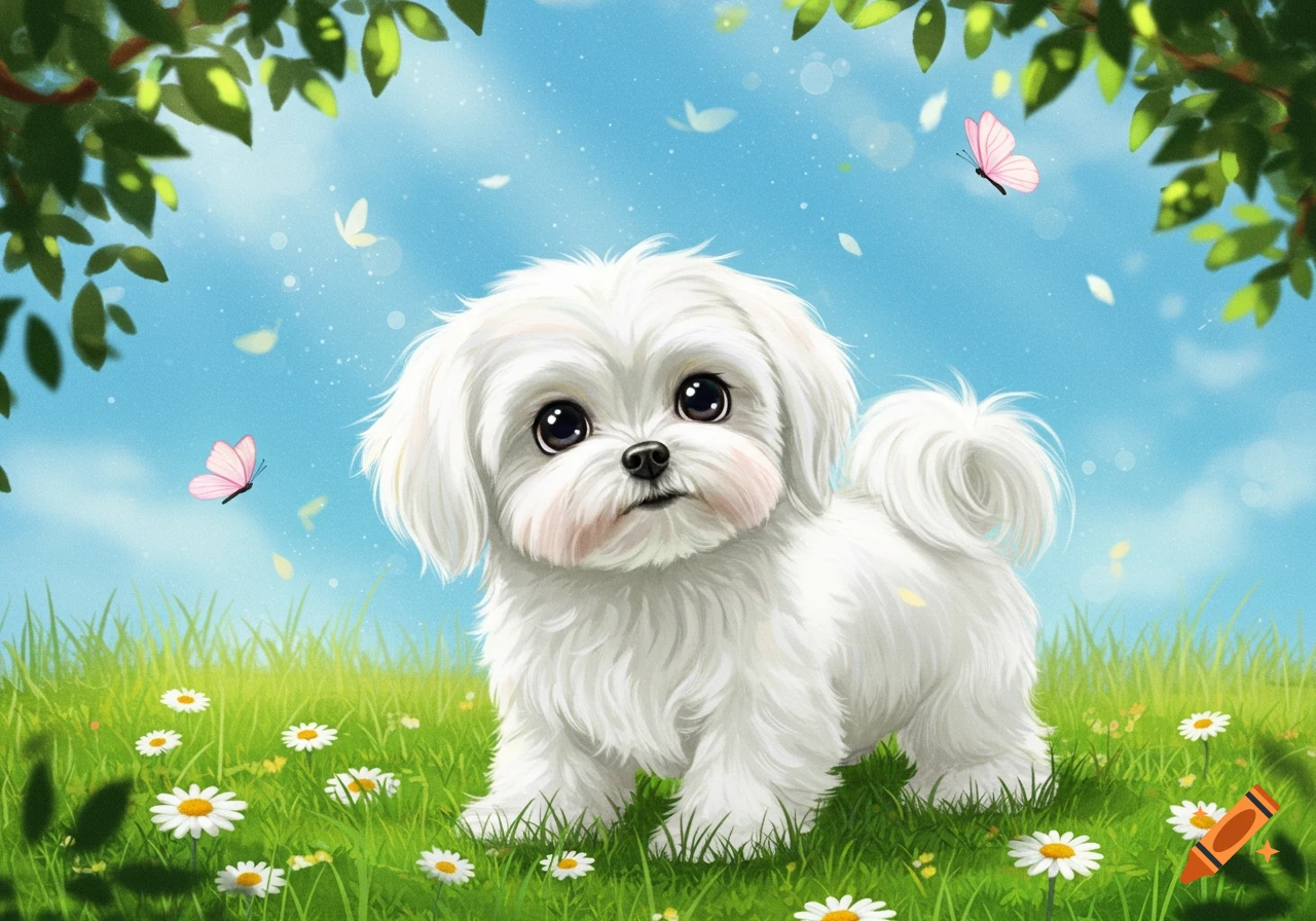 A fluffy white Maltese puppy with big eyes sits in a sunny green field with daisies and pink butterflies, in a cute cartoon style.