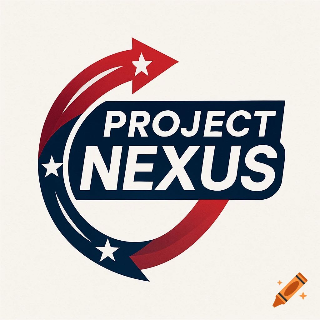 A red, white, and blue logo featuring the text "PROJECT NEXUS" within a dark blue banner, set against a circular design with a red arrow and white stars.