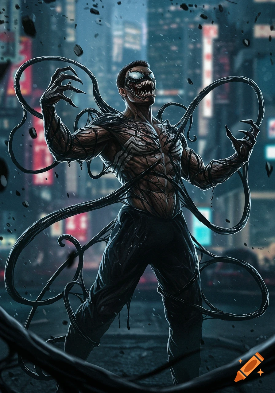 A muscular man transforms into Venom, black tendrils wrapping around his body as he stands menacingly in a rainy city.
