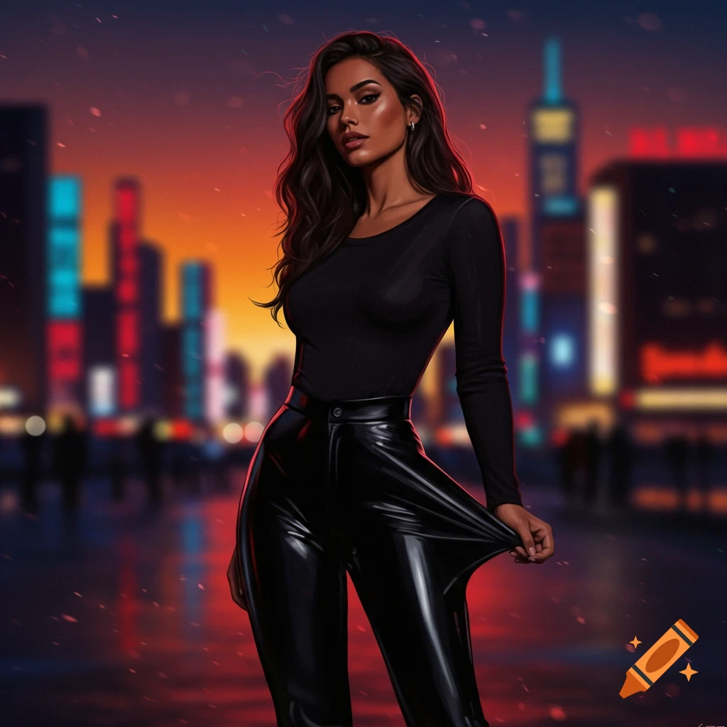 A woman in a black long-sleeve top and shiny black leather pants poses against a blurred city background at dusk.