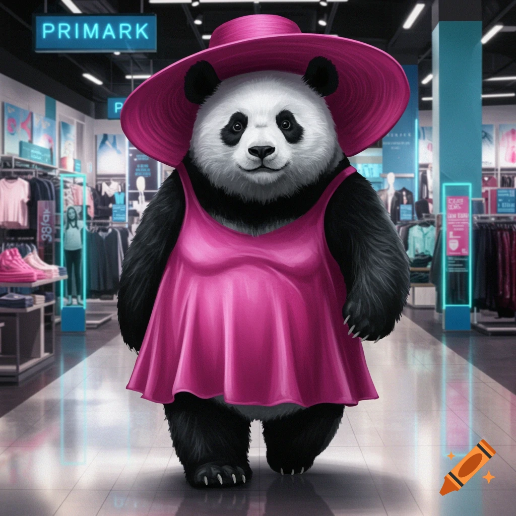 A cute black and white panda wearing a hot pink dress and a wide-brimmed hat walks through a brightly lit clothing store.