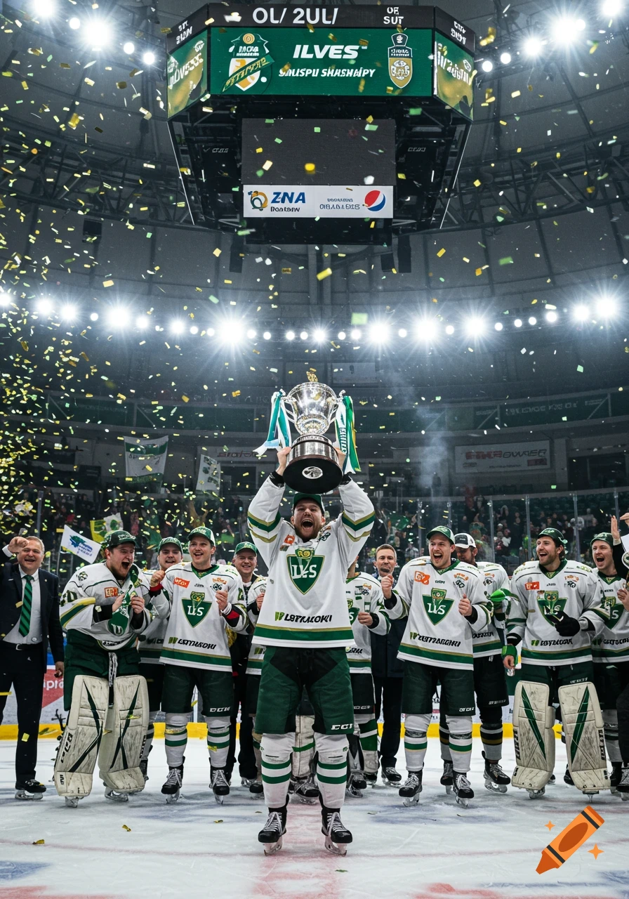 A jubilant ice hockey team in white and green uniforms celebrates on the ice, showering in confetti. One player holds a large silver trophy overhead.