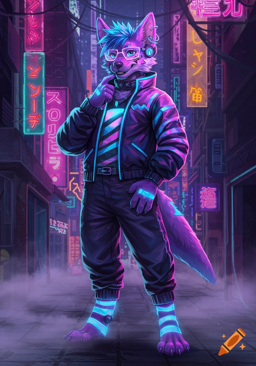 A purple and blue furry character in cyberpunk attire stands in a neon-lit futuristic city street.