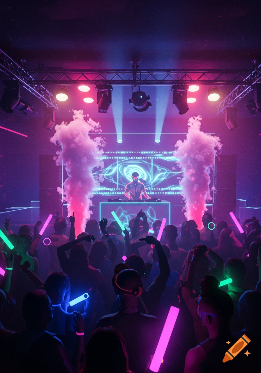 High-energy club scene with a DJ, dancing crowd, neon lights, and smoke effects.