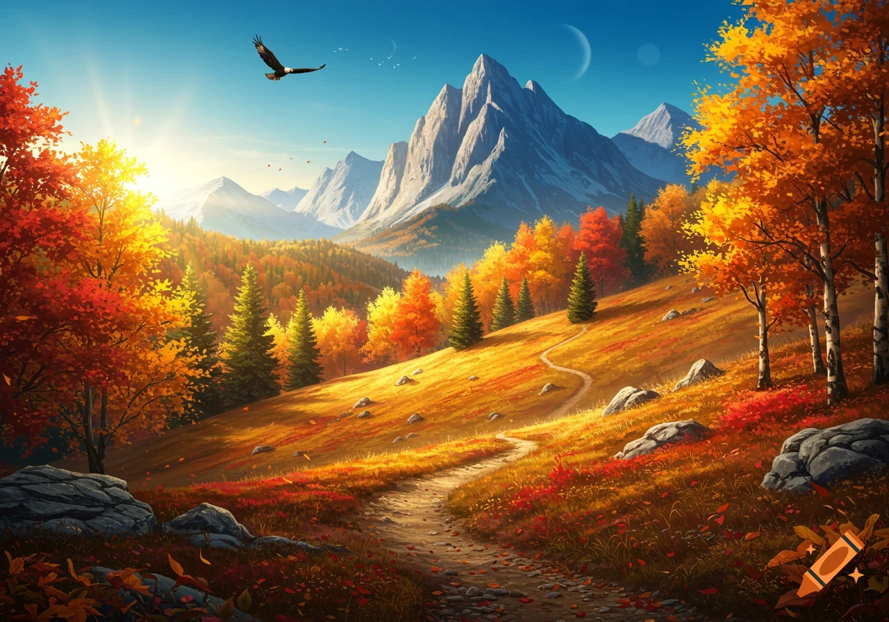 Vibrant autumn mountain landscape with colorful trees, a winding path, and an eagle soaring under a bright sunny sky.