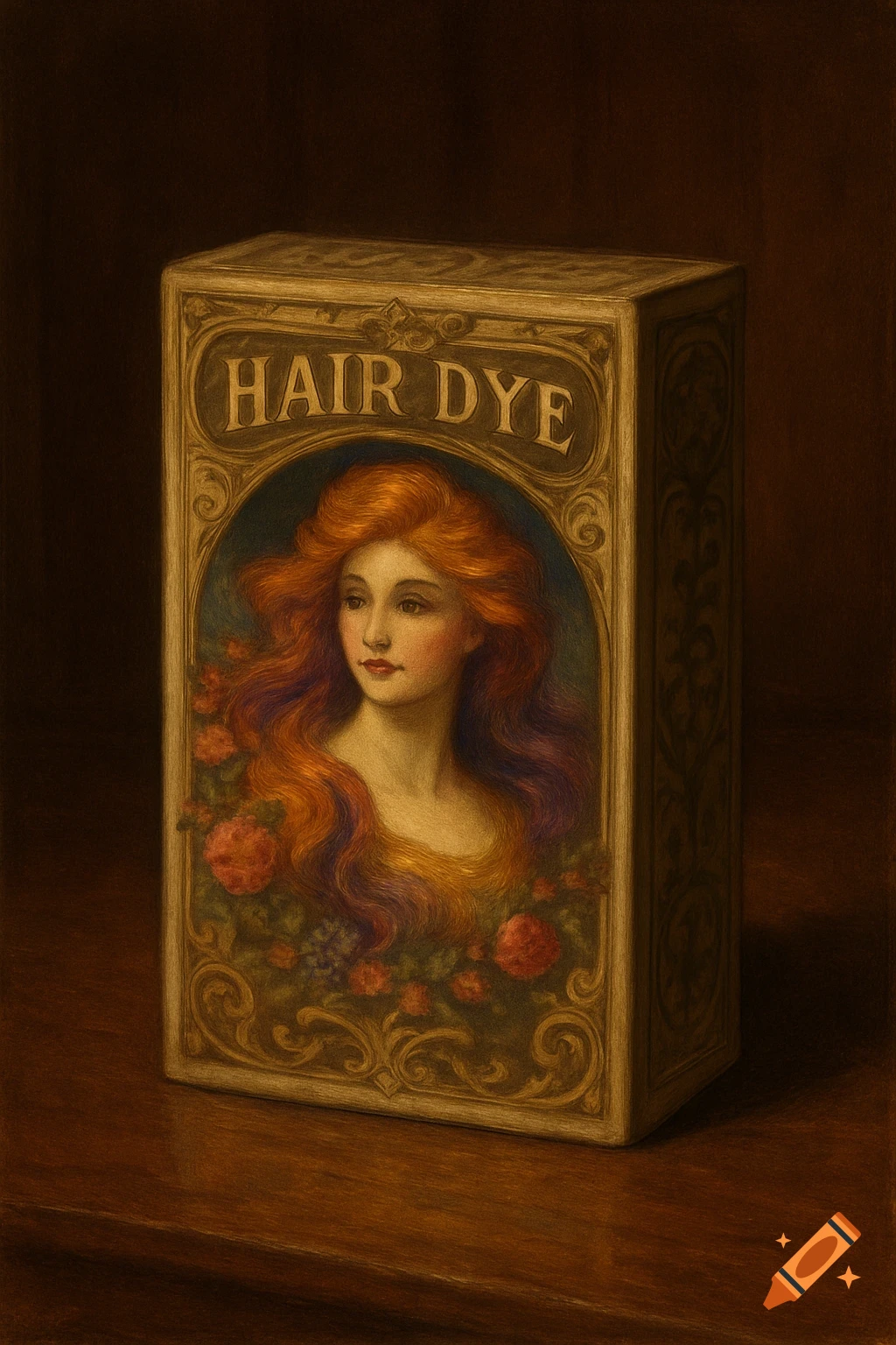 A vintage-style hair dye box, with a painting of a woman with long red hair and roses in an ornate frame.