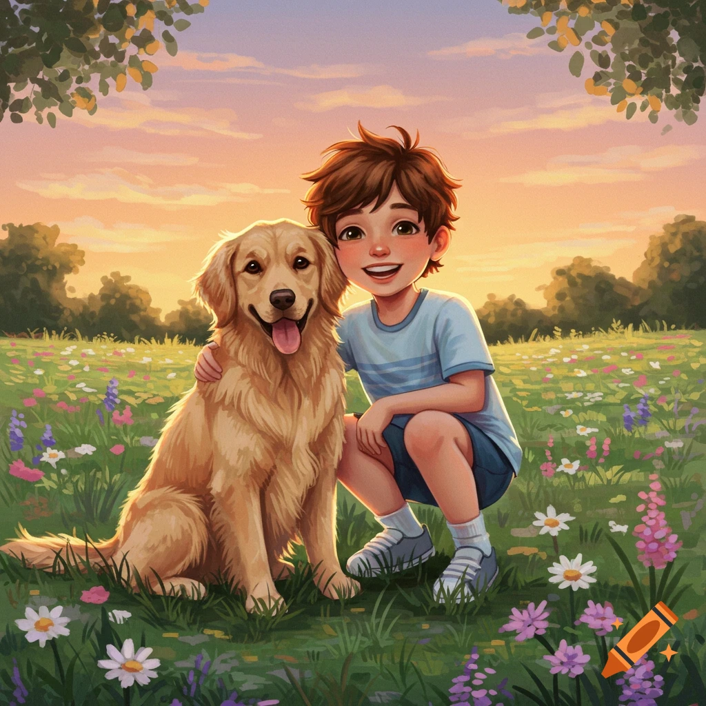 Smiling cartoon boy crouching with a Golden Retriever in a wildflower field at sunset, illustration style.
