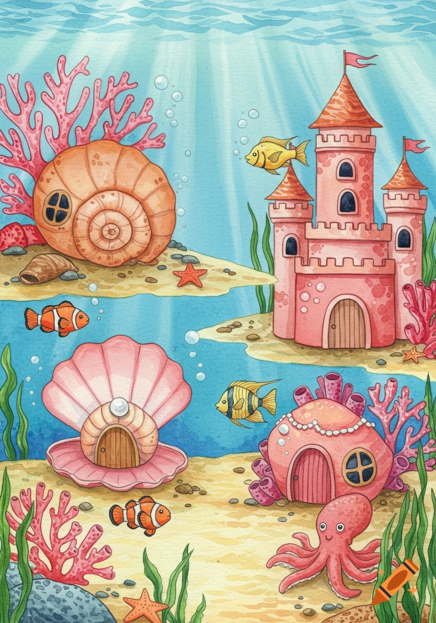 A vibrant watercolor illustration of an underwater fish neighborhood with a pink castle, seashell homes, coral, fish, and an octopus.