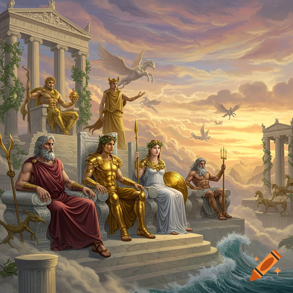 Painting of Greek gods like Zeus, Poseidon, and Athena on thrones in the clouds with temples and pegasi at sunset.