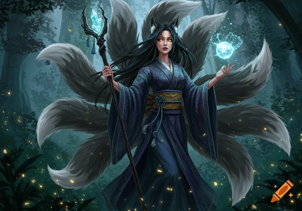 A black-haired kitsune with golden eyes and seven fox tails, wearing a blue kimono, holding a crystal staff and conjuring magic in an enchanted forest.