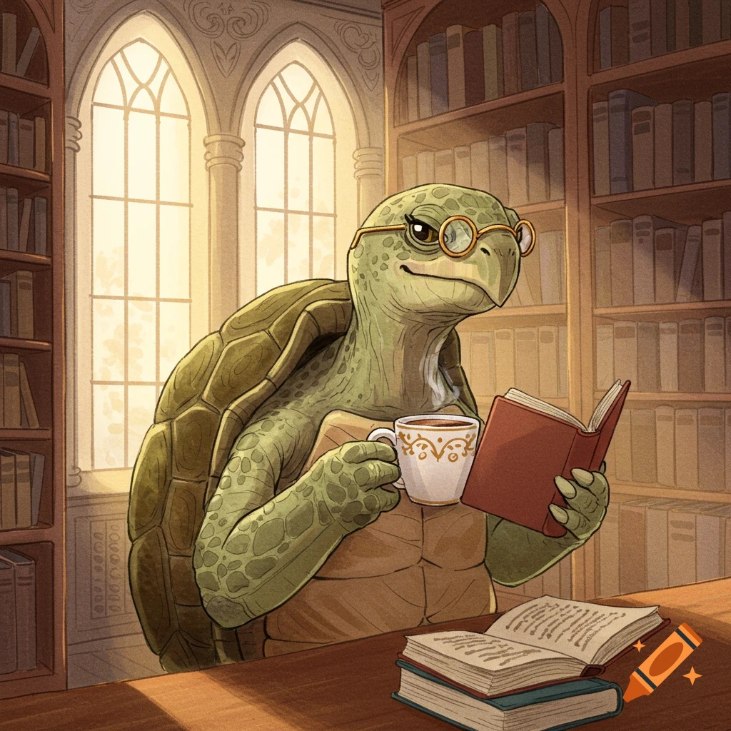 A wise turtle with glasses reads a book and sips coffee in a sunlit library, watercolor style.