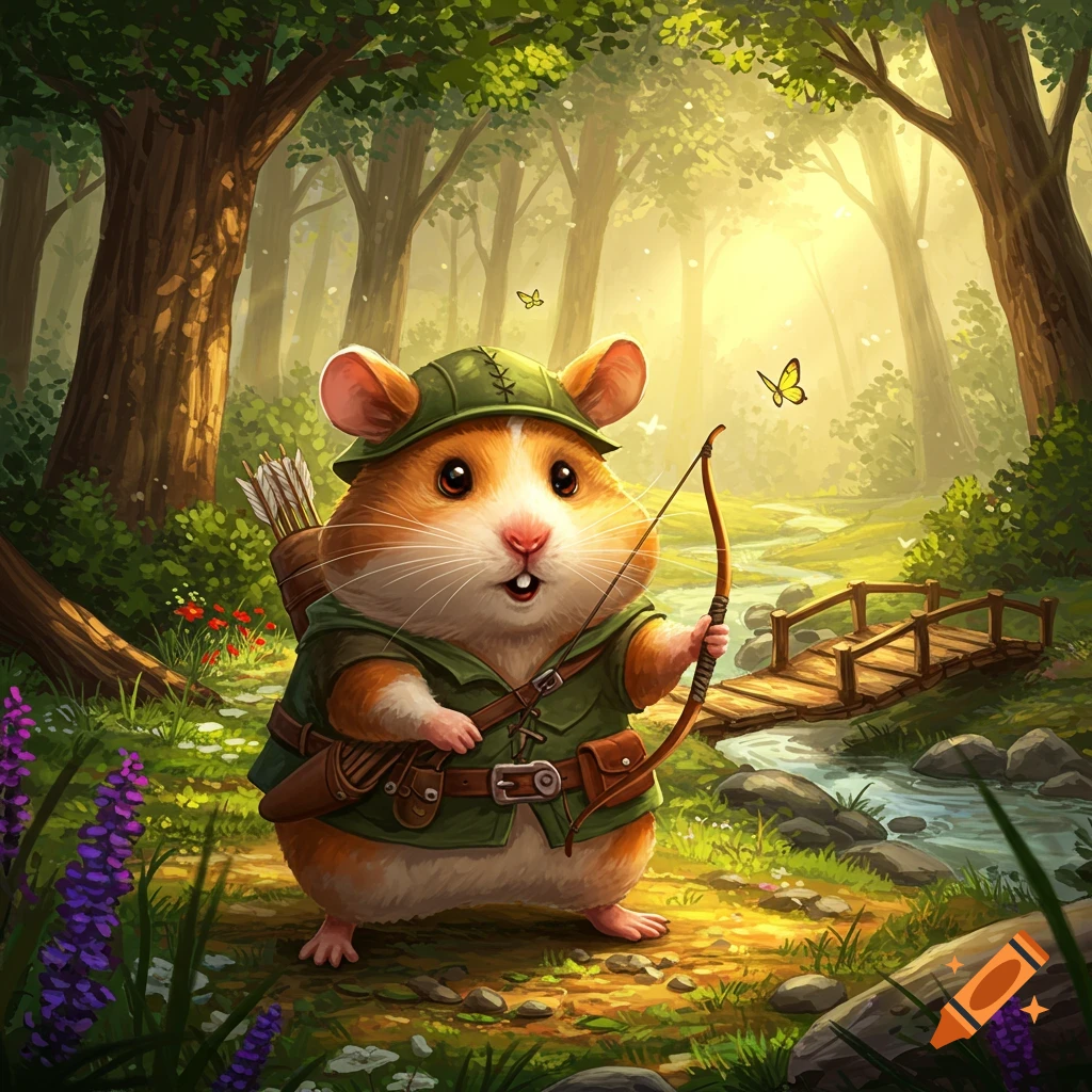 A cute hamster dressed as an archer with a bow and quiver of arrows stands in a sunny, whimsical forest with a stream and wooden bridge.