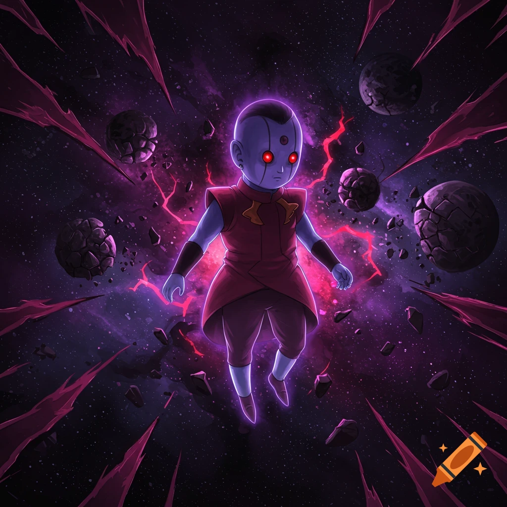 A small purple-skinned, red-eyed character in a red tunic floats in a dark cosmic space with shattered planets and pink energy.