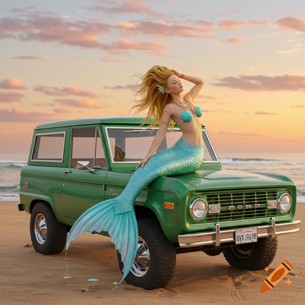 A photorealistic mermaid with a teal tail poses on the hood of a green Ford Bronco at a sandy beach during sunset.