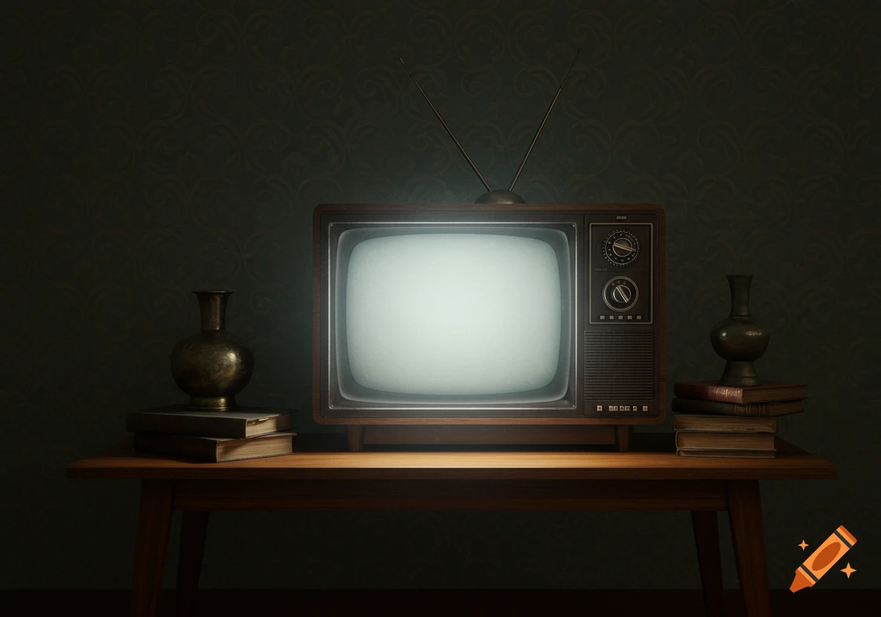 A vintage television set with a glowing screen sits on a wooden table, flanked by books and decorative vases.