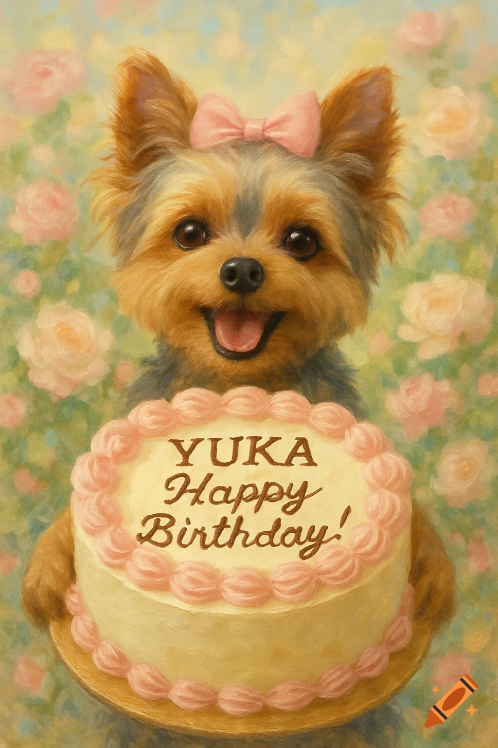 An oil painting of a happy Yorkshire Terrier wearing a pink bow, holding a birthday cake that reads "YUKA Happy Birthday!" in front of a floral background.
