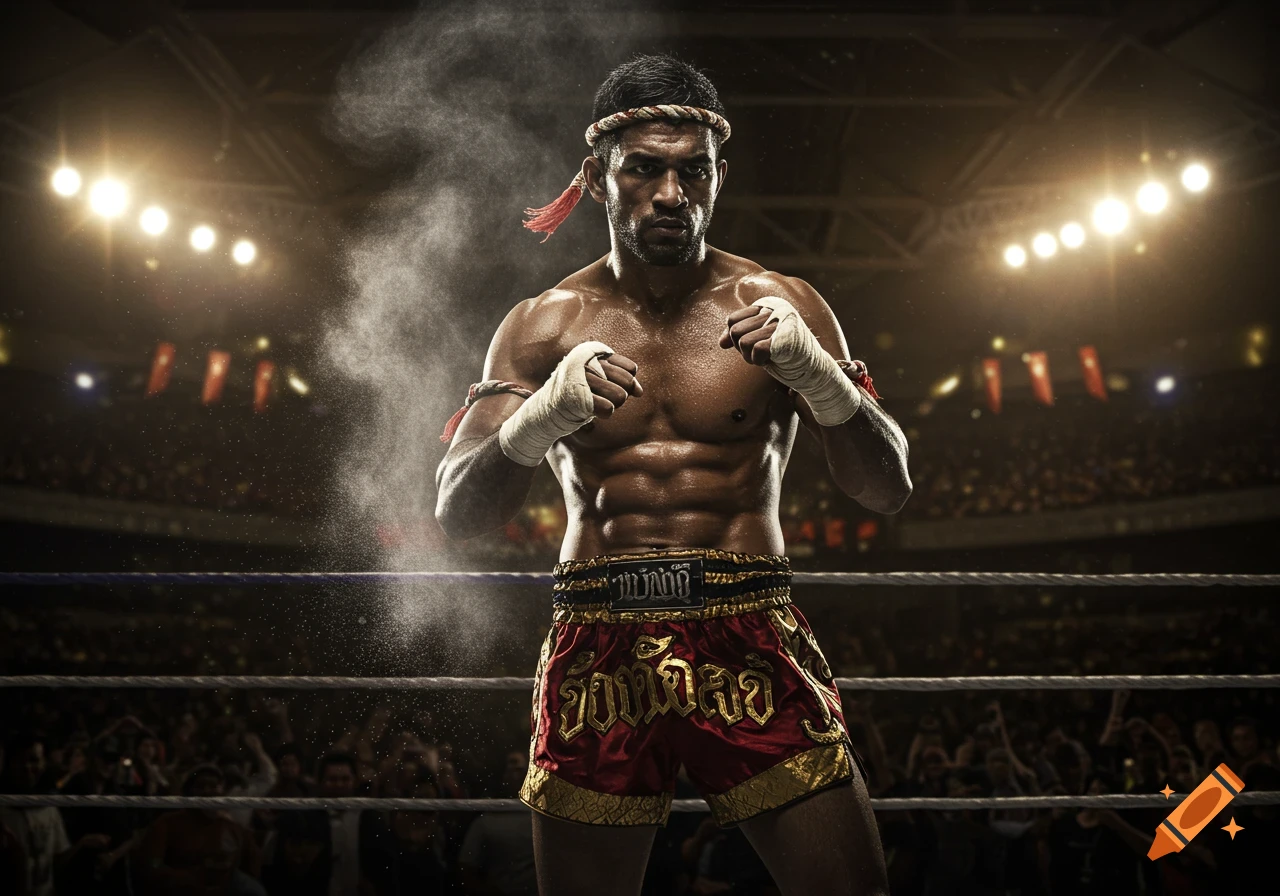 A muscular Muay Thai fighter in a boxing ring, wearing traditional red and gold shorts and hand wraps, with bright stadium lights and dust in the air.