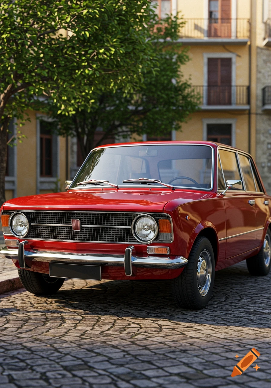 A photorealistic red classic car parked on a cobblestone street in front of a yellow building and green tree.