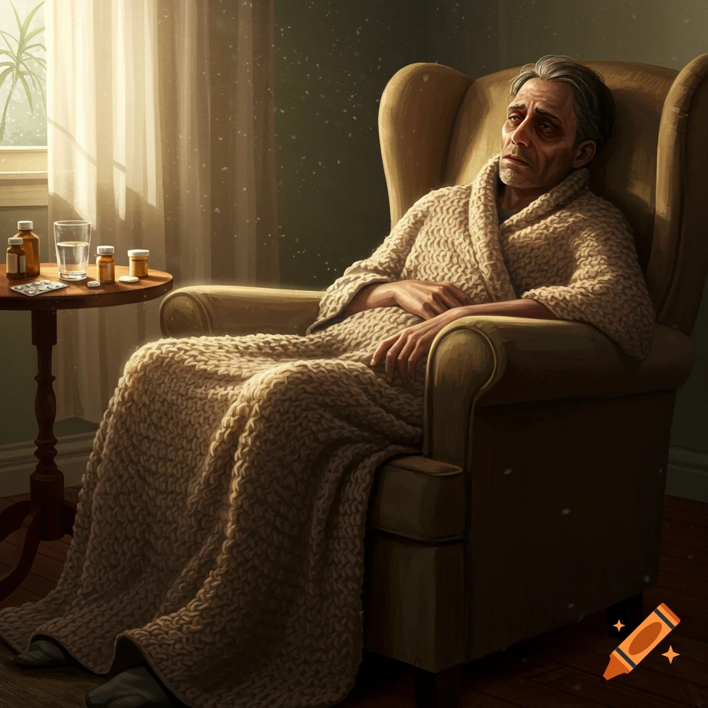 A solemn, ill man with a blanket sitting in an armchair, with medicine and water on a side table.