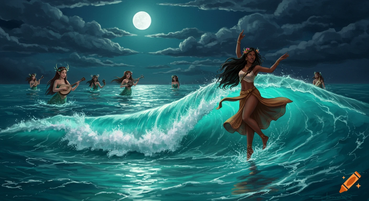 A woman dances on an ocean wave under a full moon, with mermaids playing music in the turquoise water. Fantasy art.