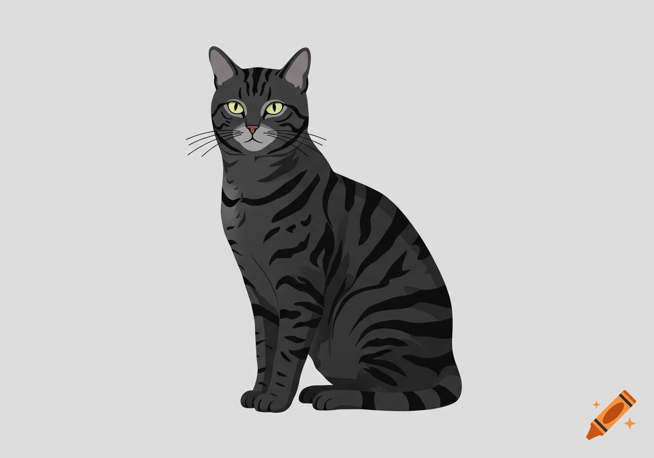 An illustration of a dark grey tabby cat with black stripes sitting, facing forward.