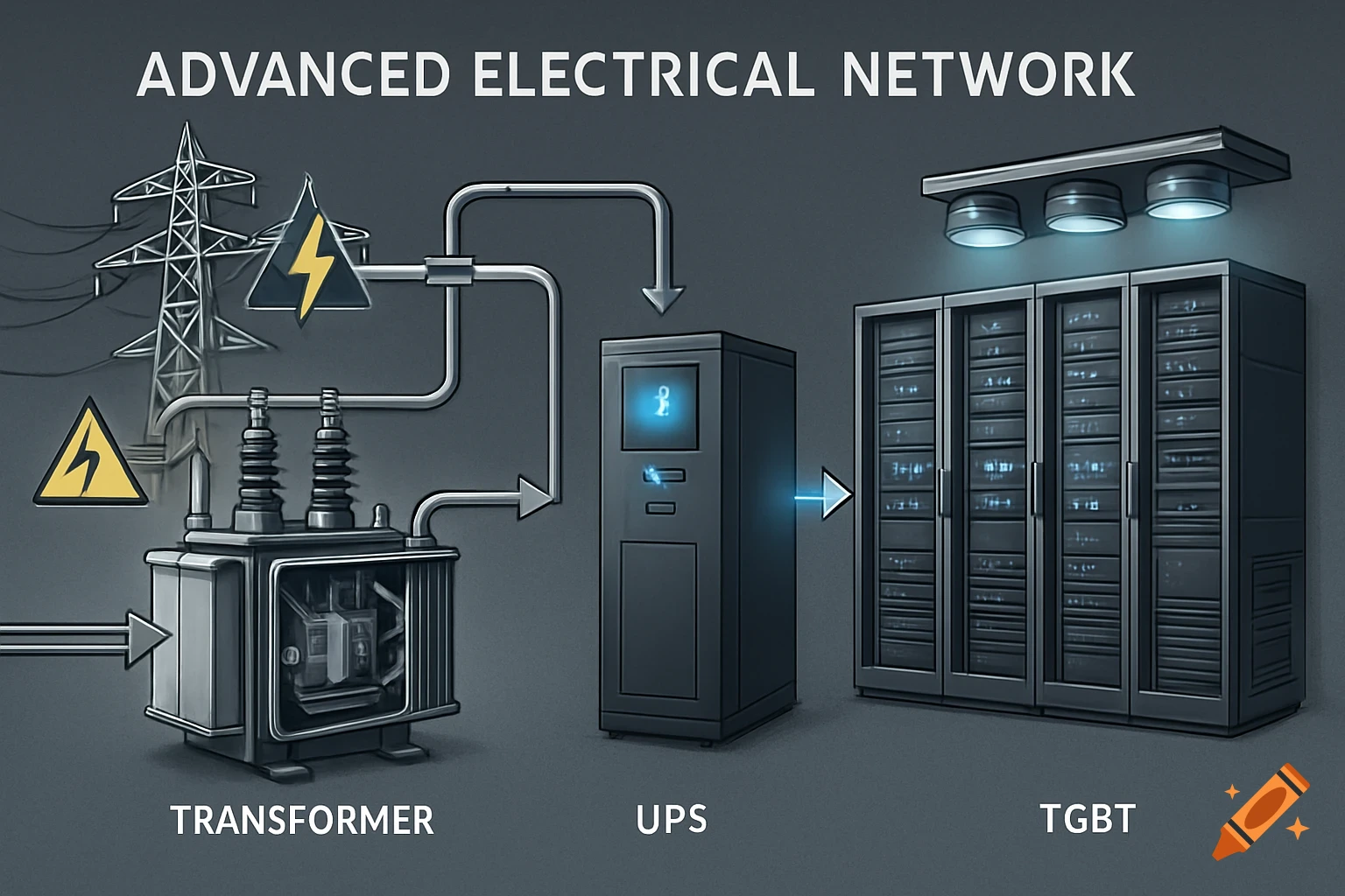An illustration of an advanced electrical network showing power lines, a transformer, a UPS, and server racks (TGBT).
