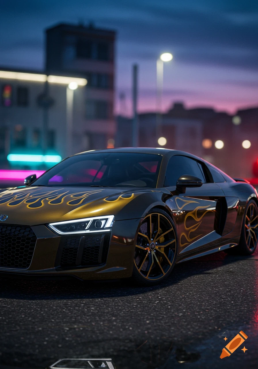 Gold Audi R8 sports car with flame decals on the hood, parked on a wet city street at night with neon lights. Photorealistic.