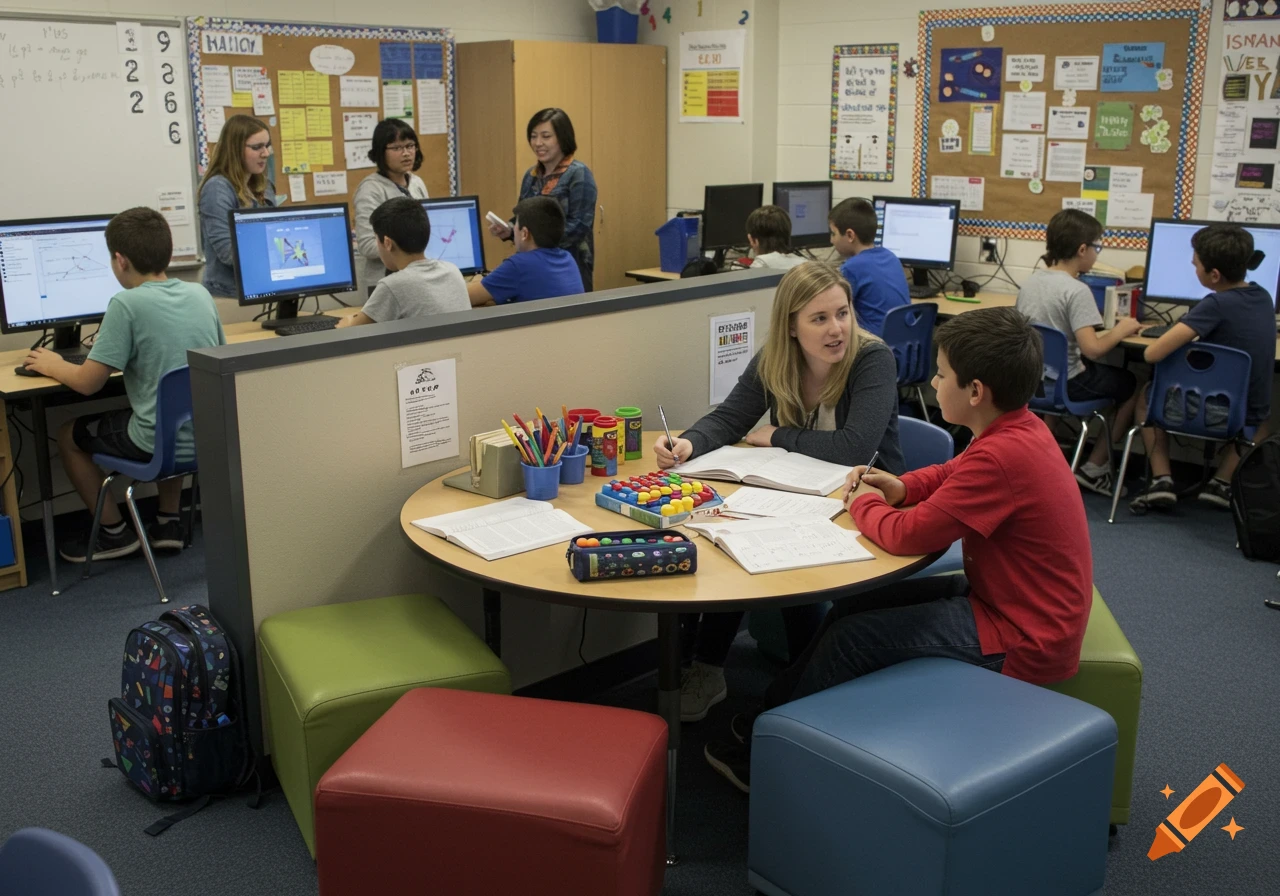 A busy 7th-grade math classroom with students at computers, collaborating in a small group, and a teacher working with one student at a round table.