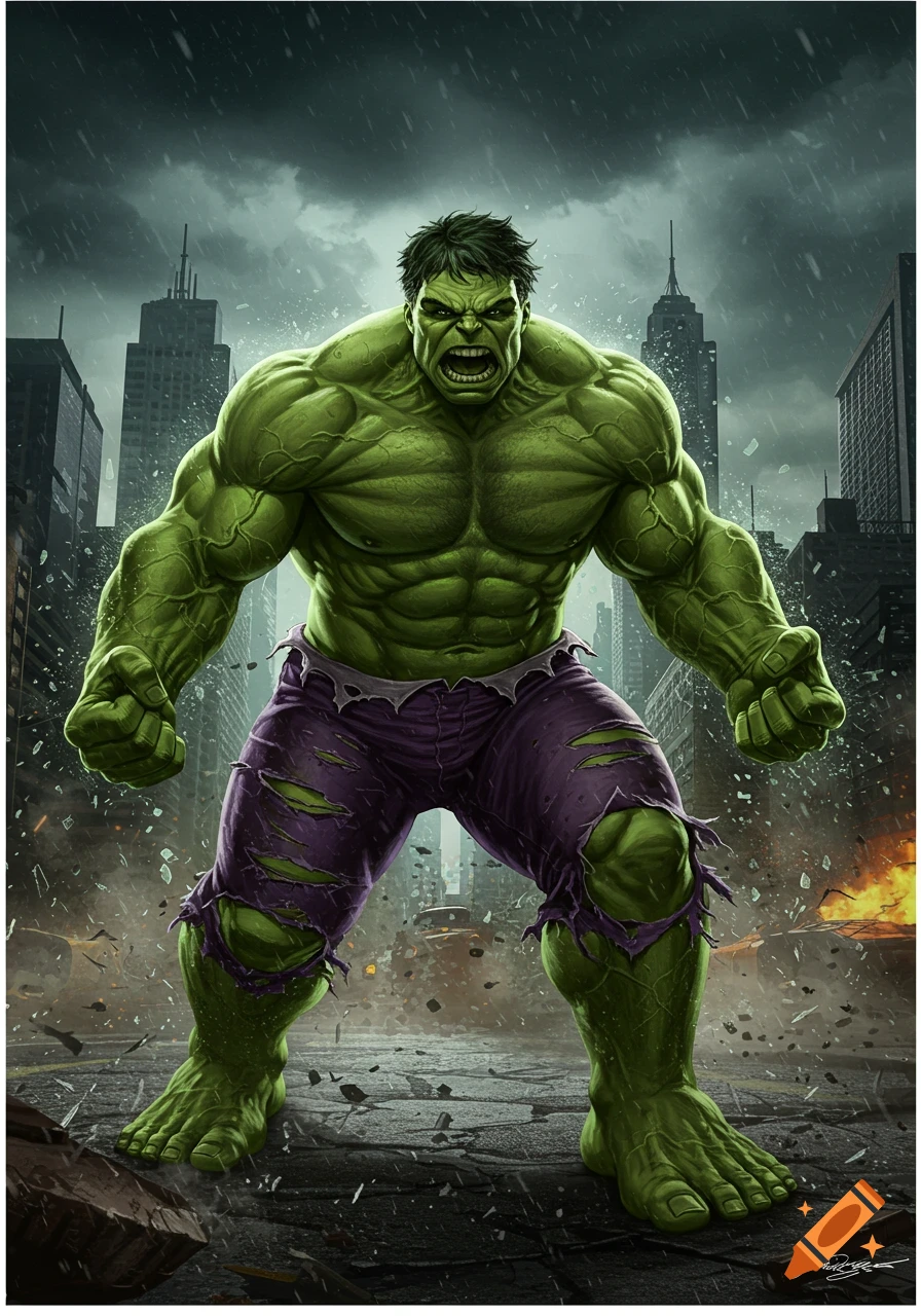 The Incredible Hulk, a muscular green superhero in torn purple pants, stands angrily in a destroyed city under a stormy sky, in a comic book art style.