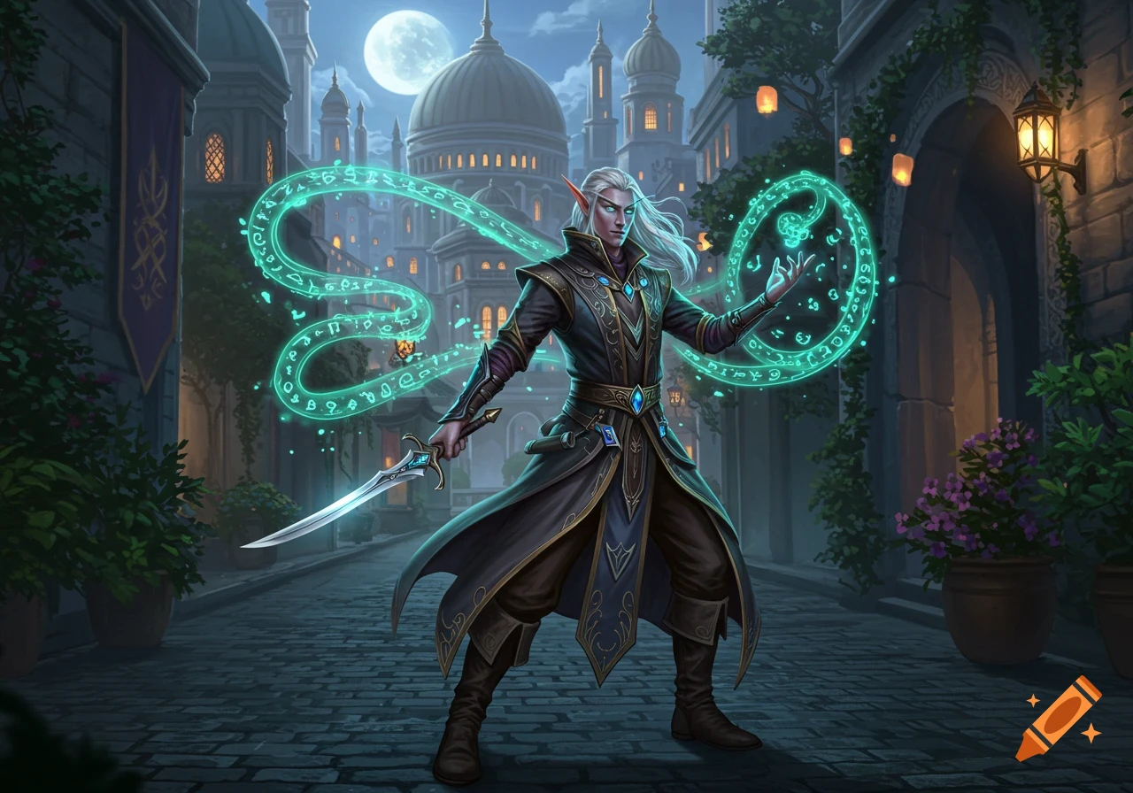 A white-haired elven bladesinger with a short sword and a glowing teal spell stands on a cobblestone city street at night.