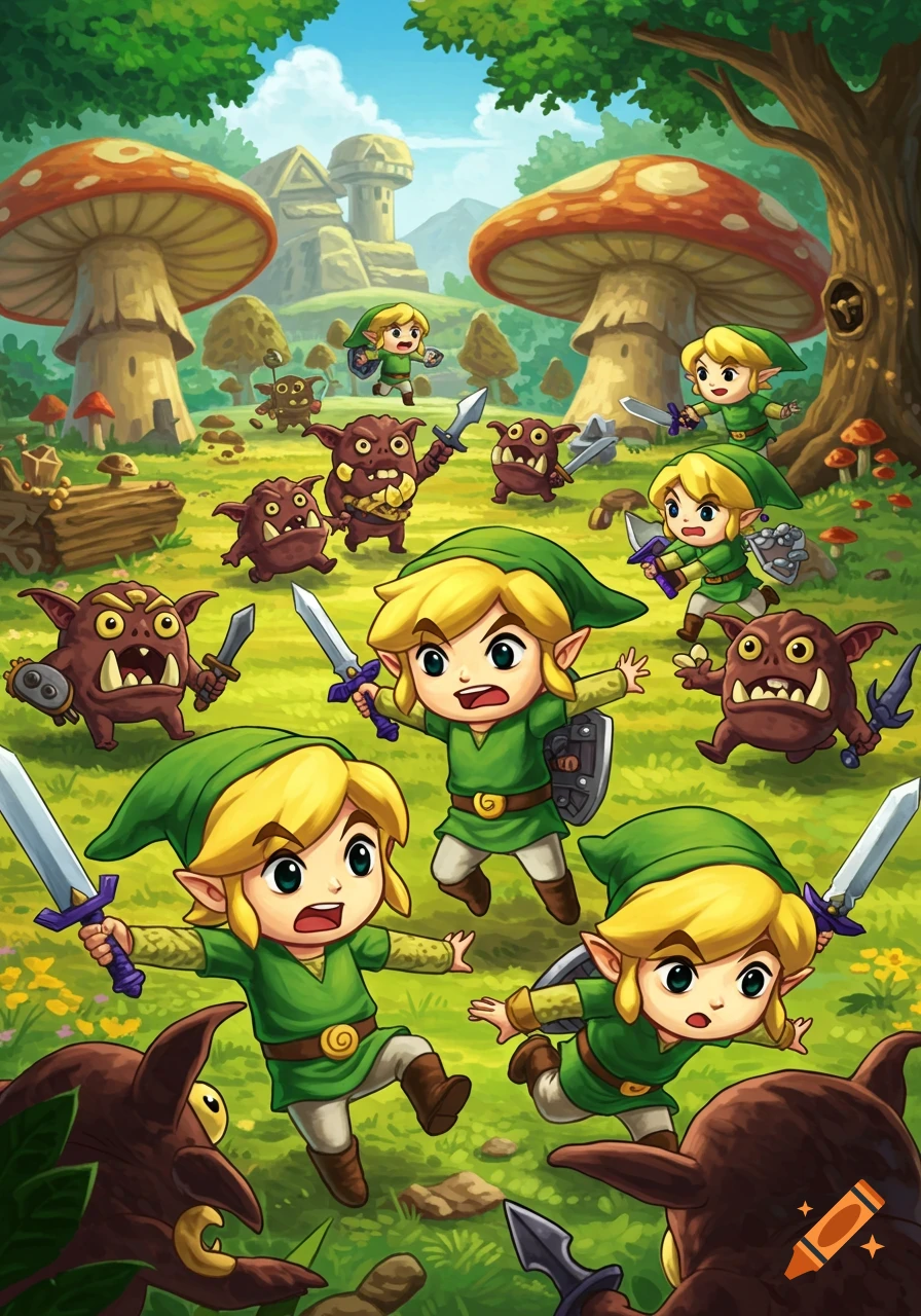 Cartoon illustration of multiple chibi Link characters fighting chibi orctorok-like enemies in a forest with giant mushrooms.