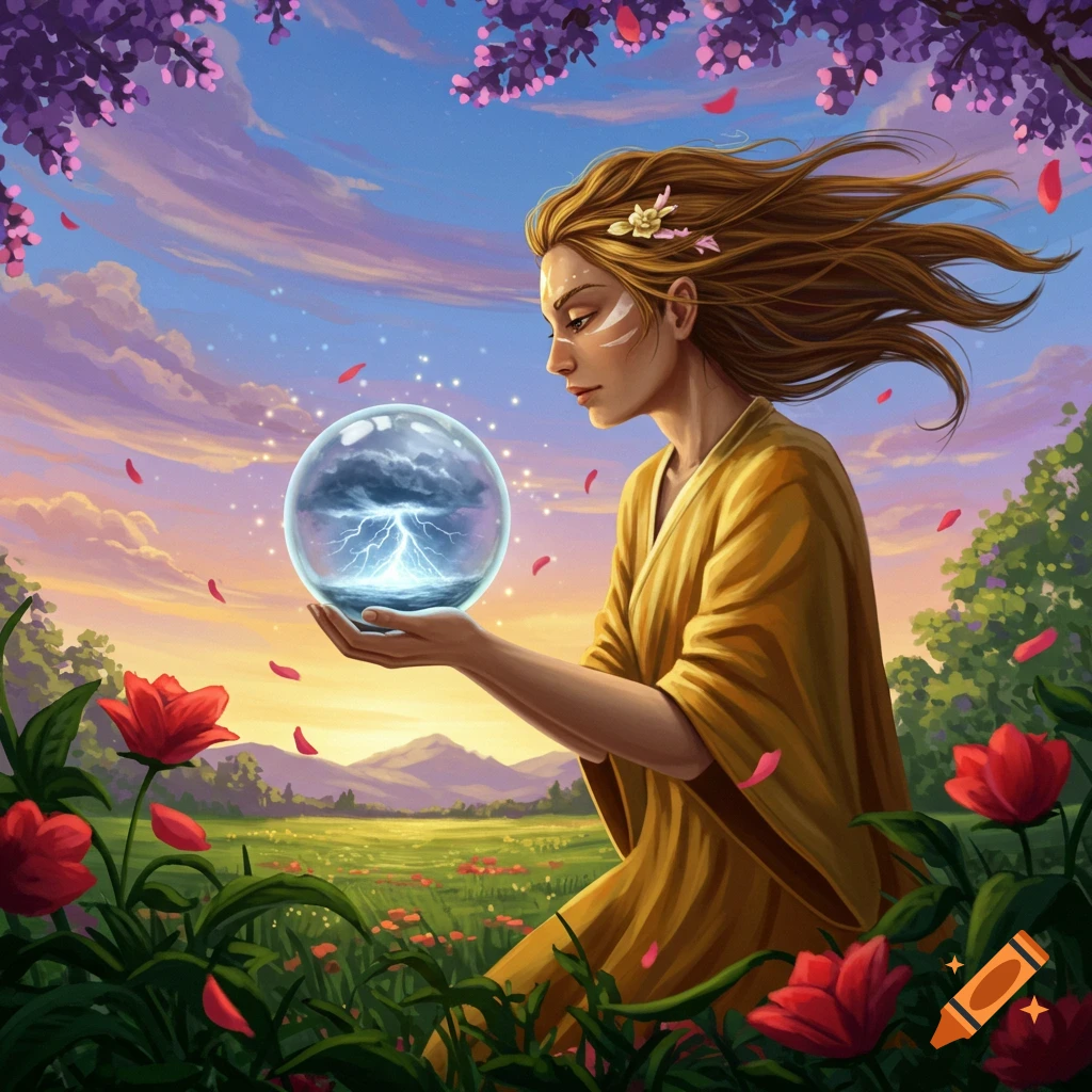 Fantasy digital painting of a woman holding a glowing orb with lightning inside, standing in a flower field at sunset.