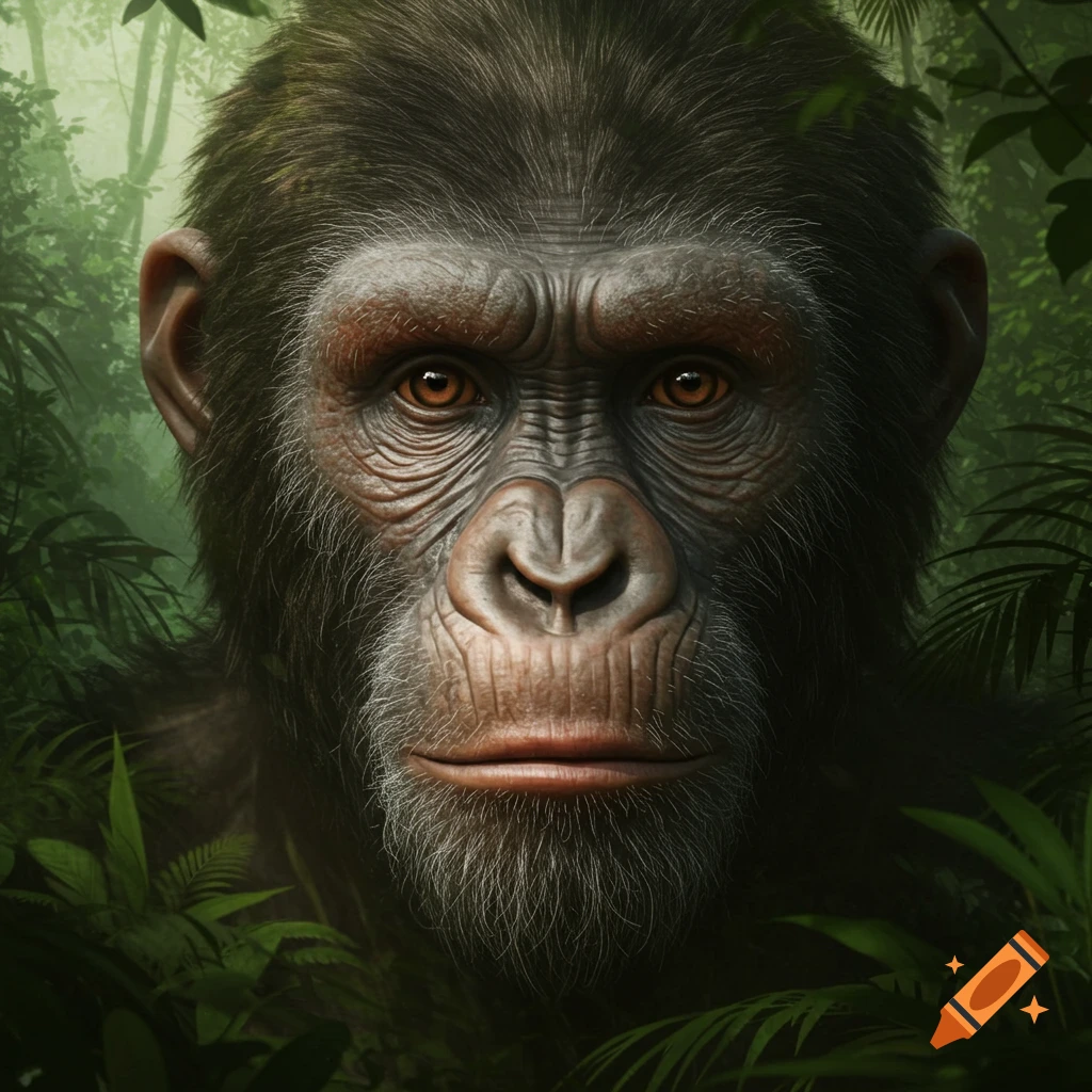 Close-up of a realistic ape-like face with prominent human features, peering from a lush green jungle background.